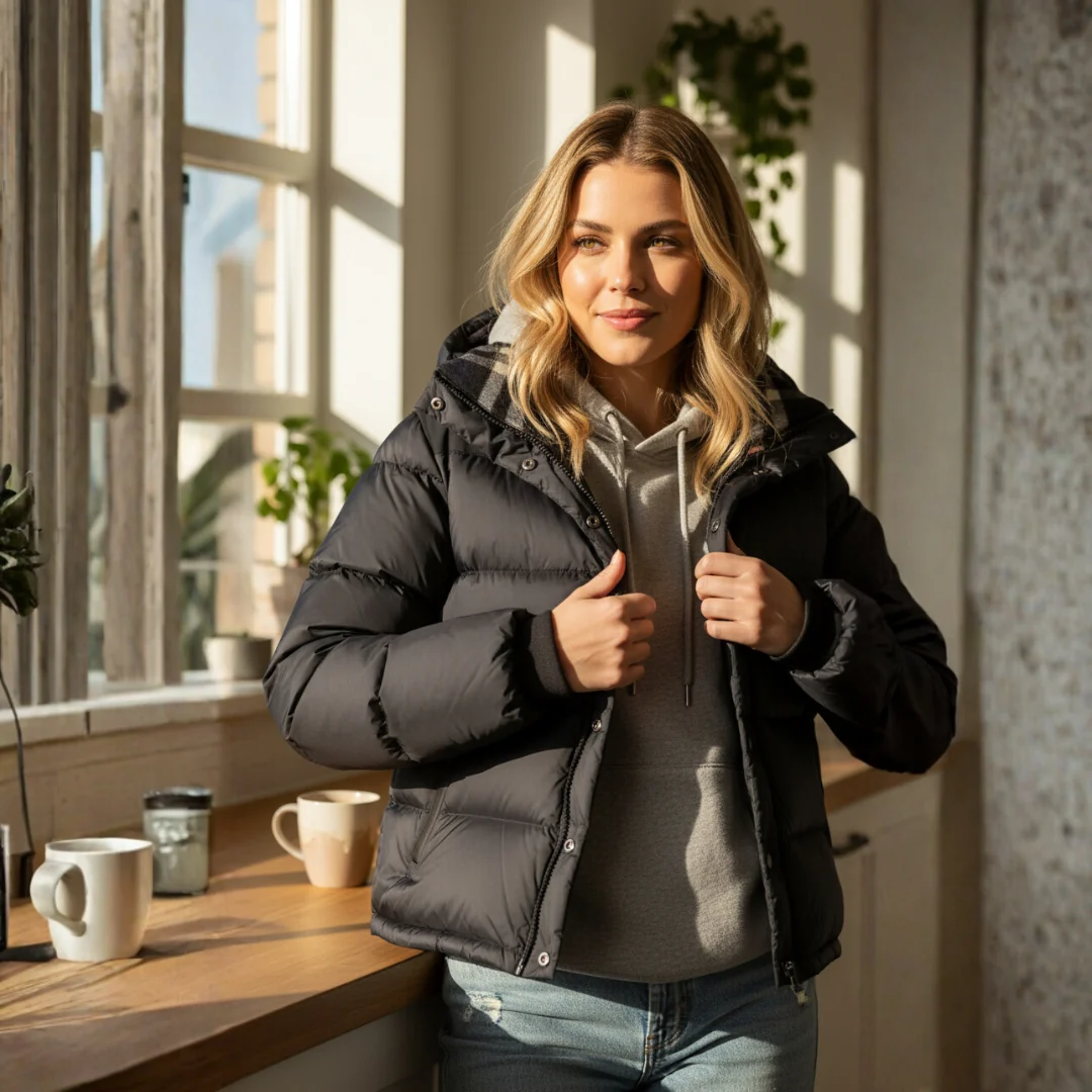 Modell med Clymiere vinterjacka i svart